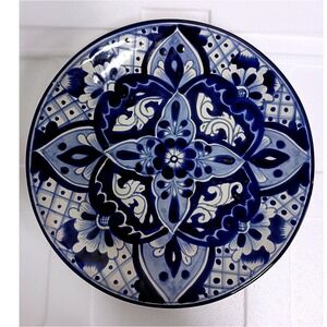 Talavera Decorative Plate Blue White Hand Painted Mexican Pottery Floral Art 10"